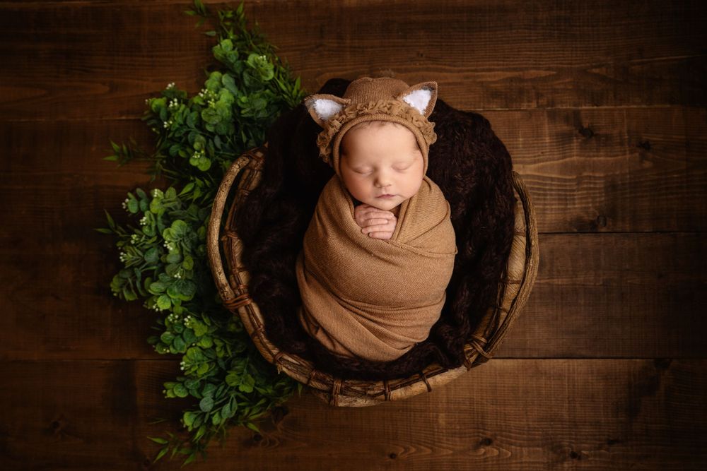 Swaddled baby wearing bear ears rests in round wooden bowl surrounded by green leaves.