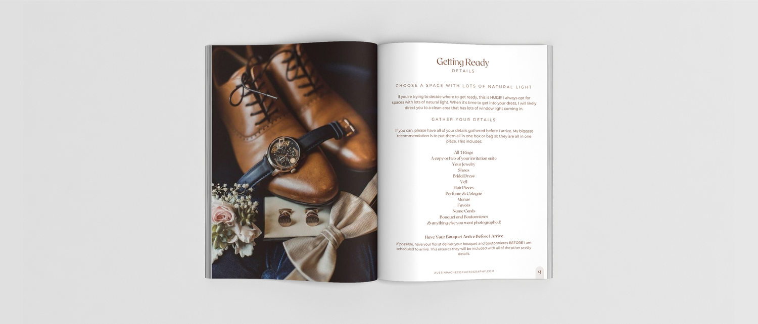 Austin Pacheco Photography 2023 wedding guide booklet opened to pages 8 & 9