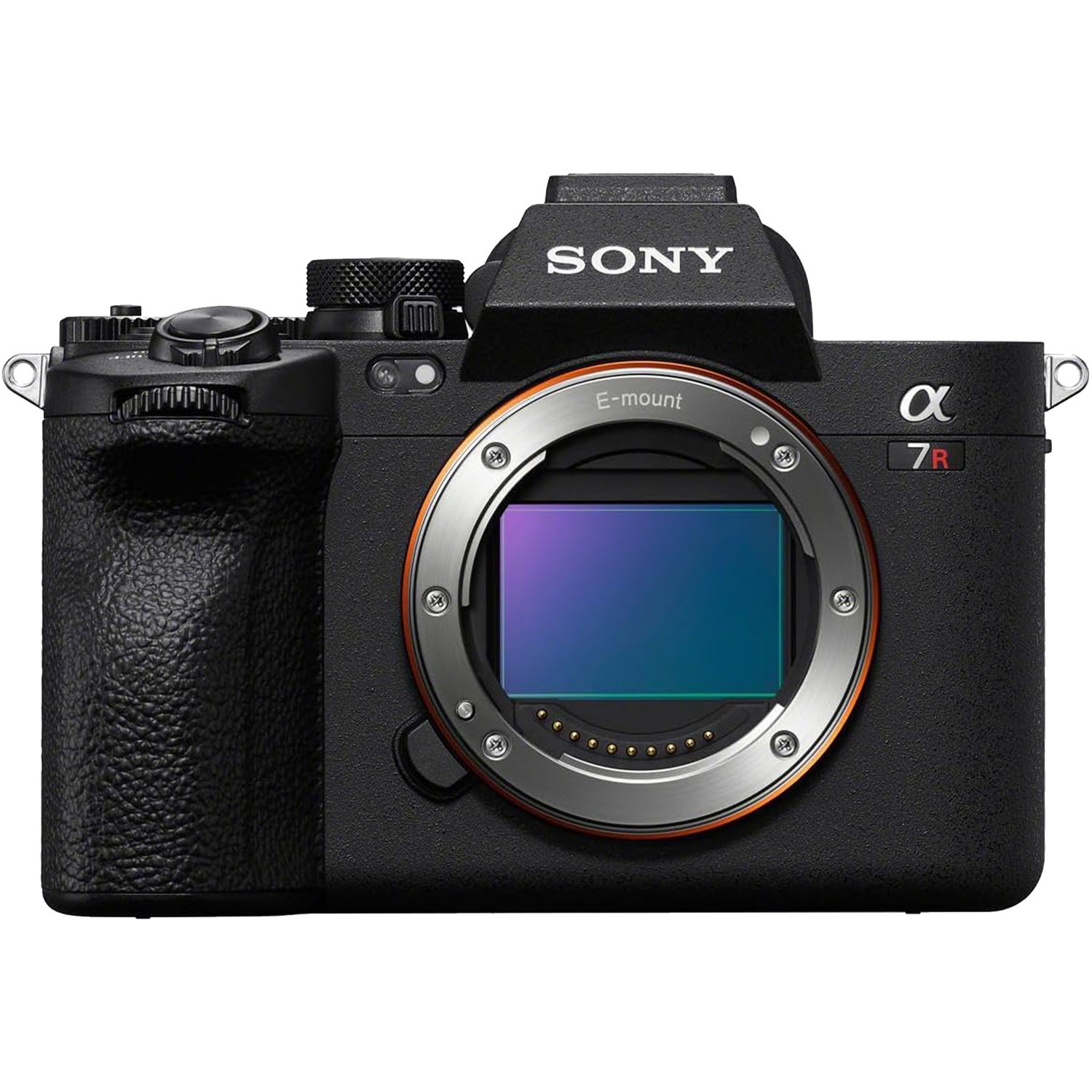 Sony Alpha a7R V full-frame mirrorless digital camera body showing the lens mount and sensor without a lens attached.
