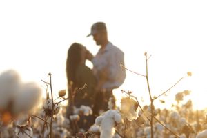 man and woman standing in cotton field at sunset