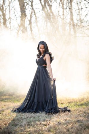 death to my 30's photoshoot black dress and smoke bomb