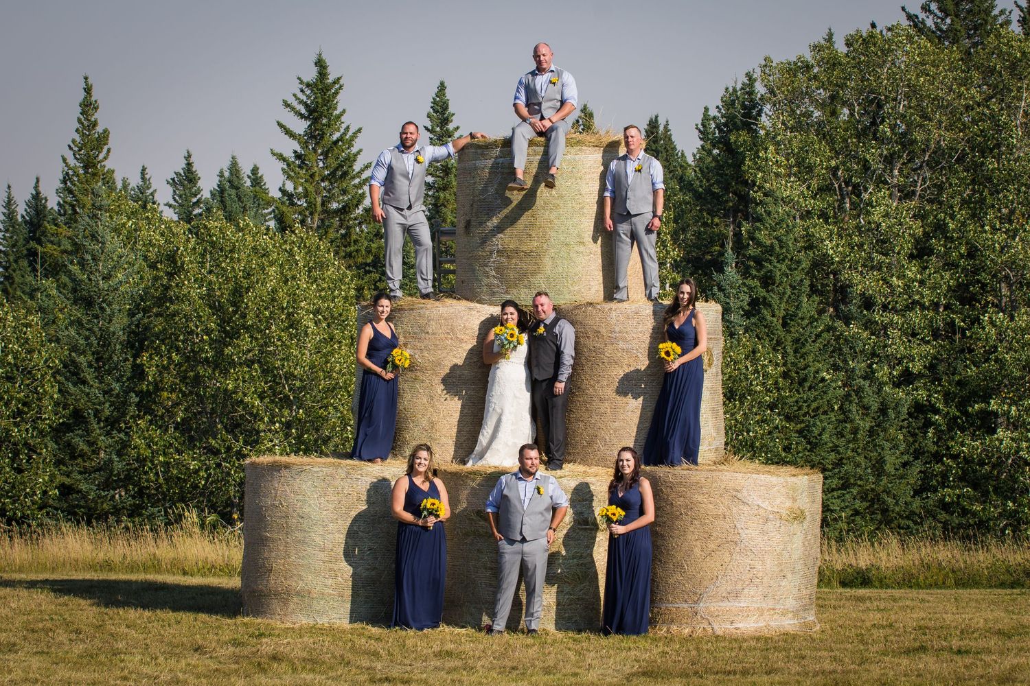 Wedding party poses on stacked hay bales in tiered formation outdoors with evergreen trees in background.