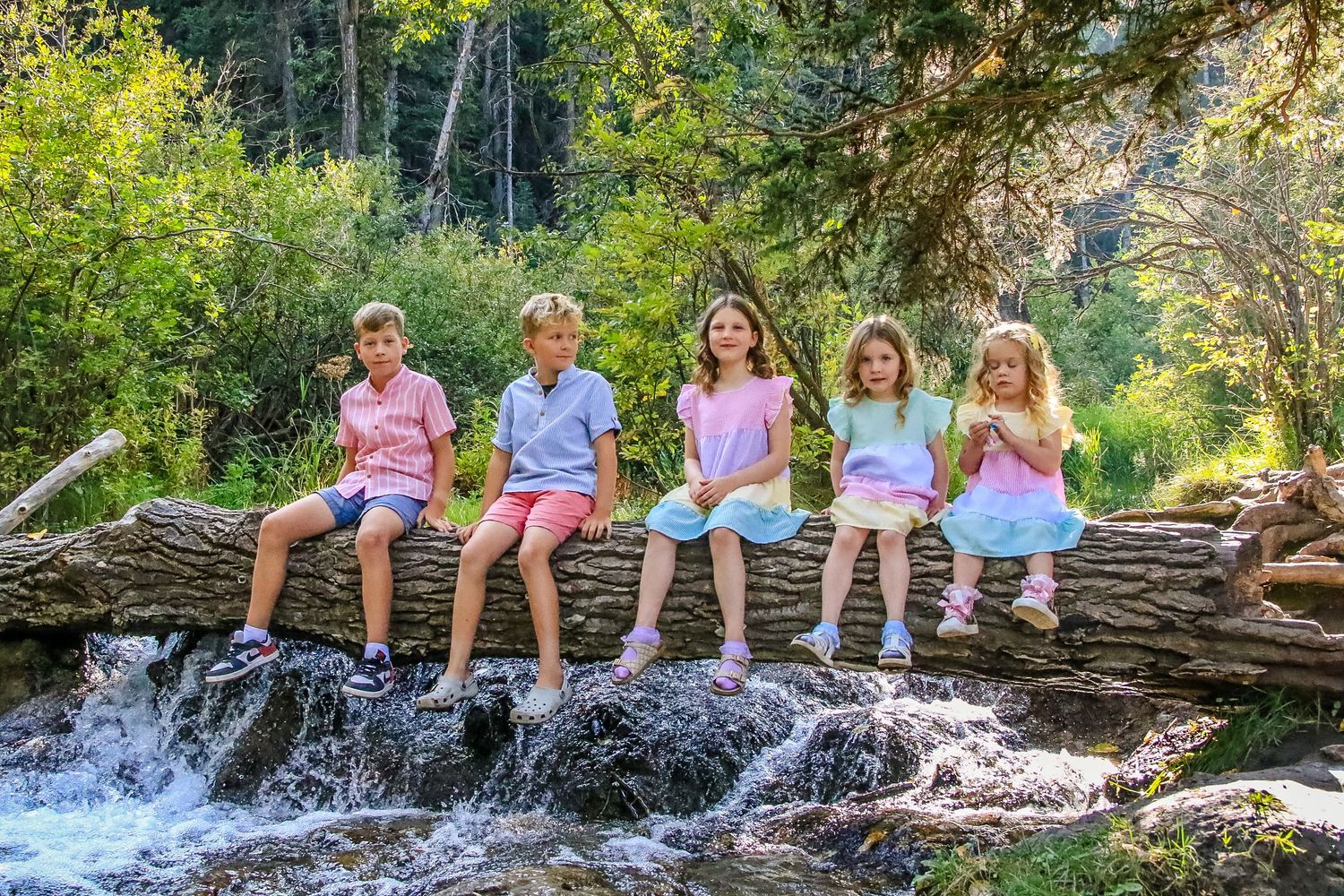 Five children sitting on a log over a stream surrounded by lush green forest.