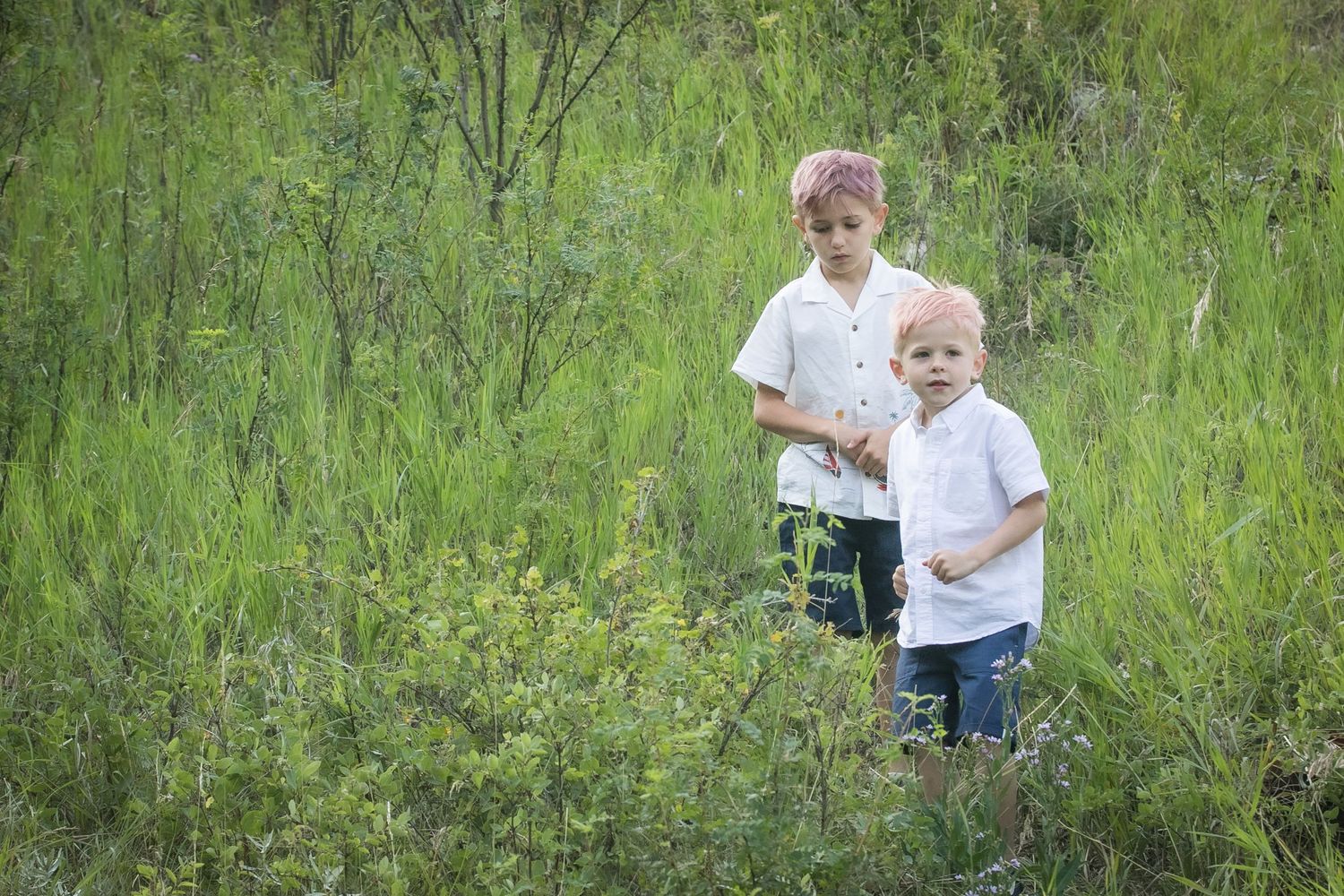 Two young boys stand together in tall green grass during an outdoor nature photography session.