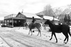 Mountain Horse Rider with Barn Photo Wall Art Black and White