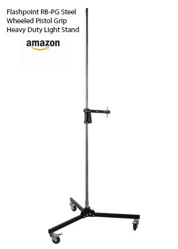 Heavy duty wheeled light stand equipment for photography shown on white background.