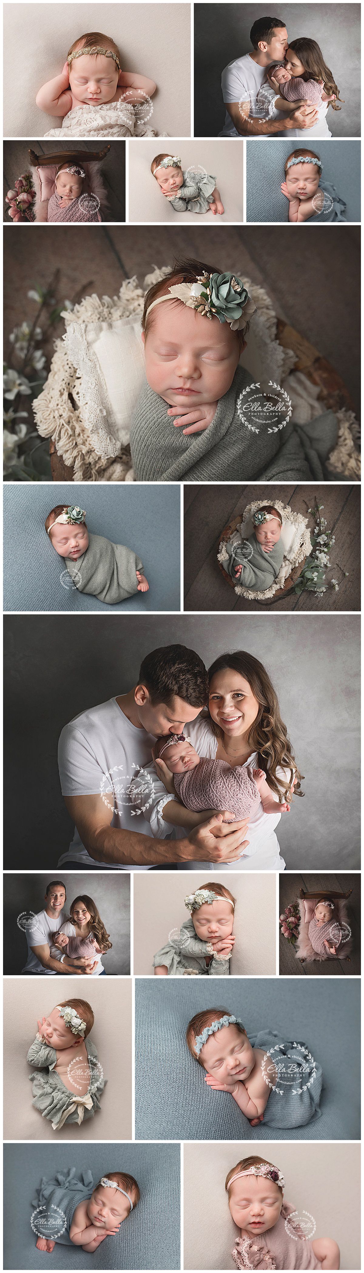 Collection of artistic newborn portraits featuring soft wraps, headbands and family photos.