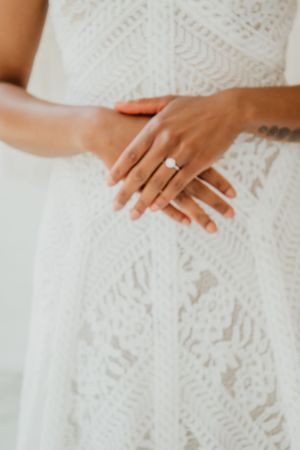 Close-up details of intricate lace patterns on a white wedding dress.