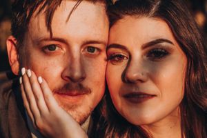 Romantic sunset portrait session showing intimate close-up moments in warm golden light.