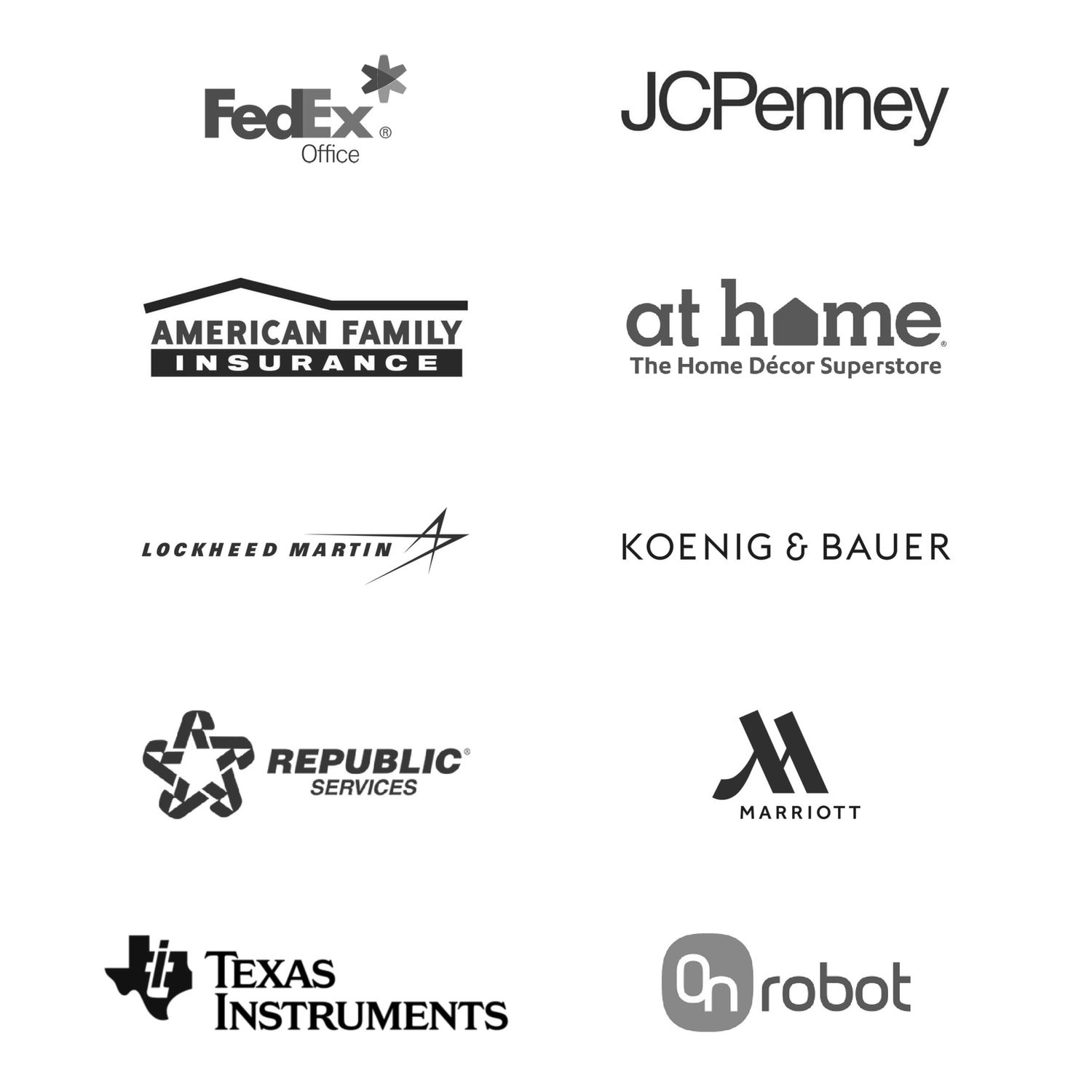Logos: At Home, Lockheed Martin, Koenig & Bauer, Republic Services, Marriott, Texas Instruments, OnRobot