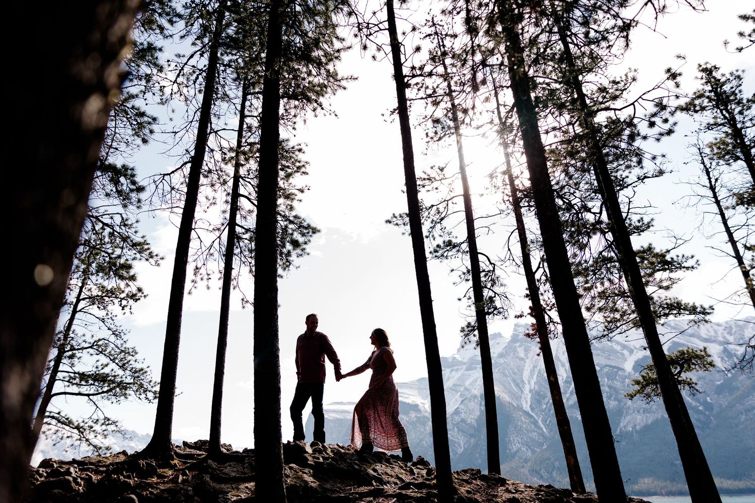 Silhouettes hold hands against bright sky framed by tall forest trees.