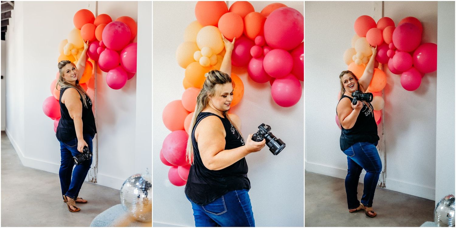 Three-photo series showing photographer with pink and orange balloon backdrop.