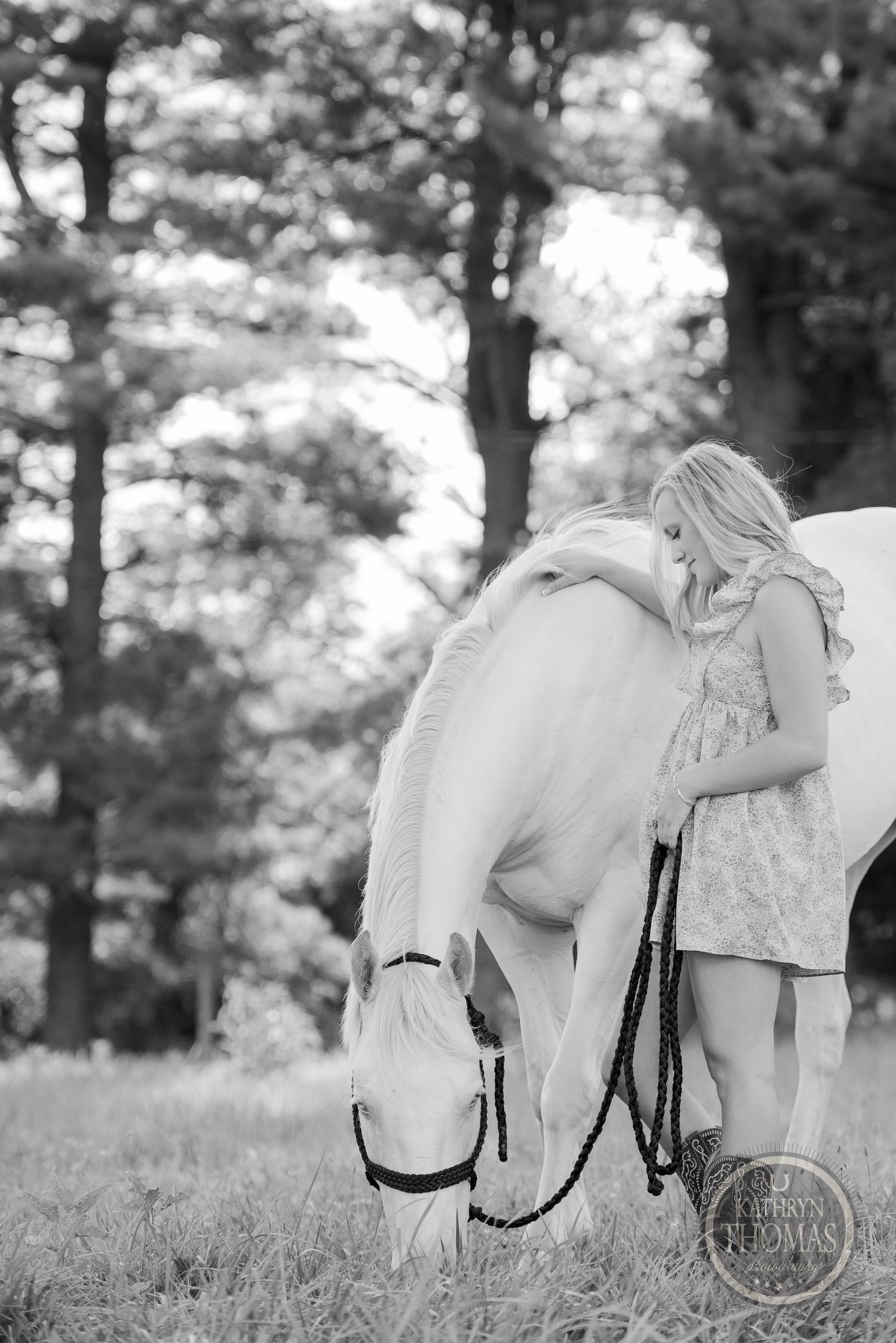 A serene black and white image of a white horse grazing in a peaceful meadow.