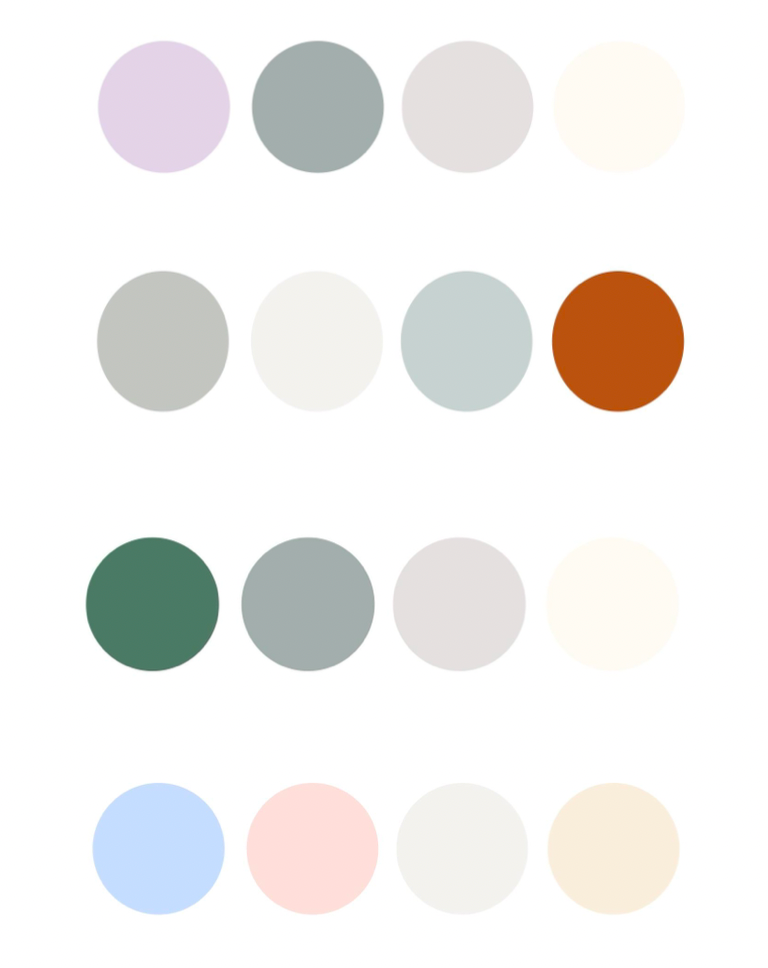 Color palette showing soft pastel circles in purple, gray, green, and terracotta tones.