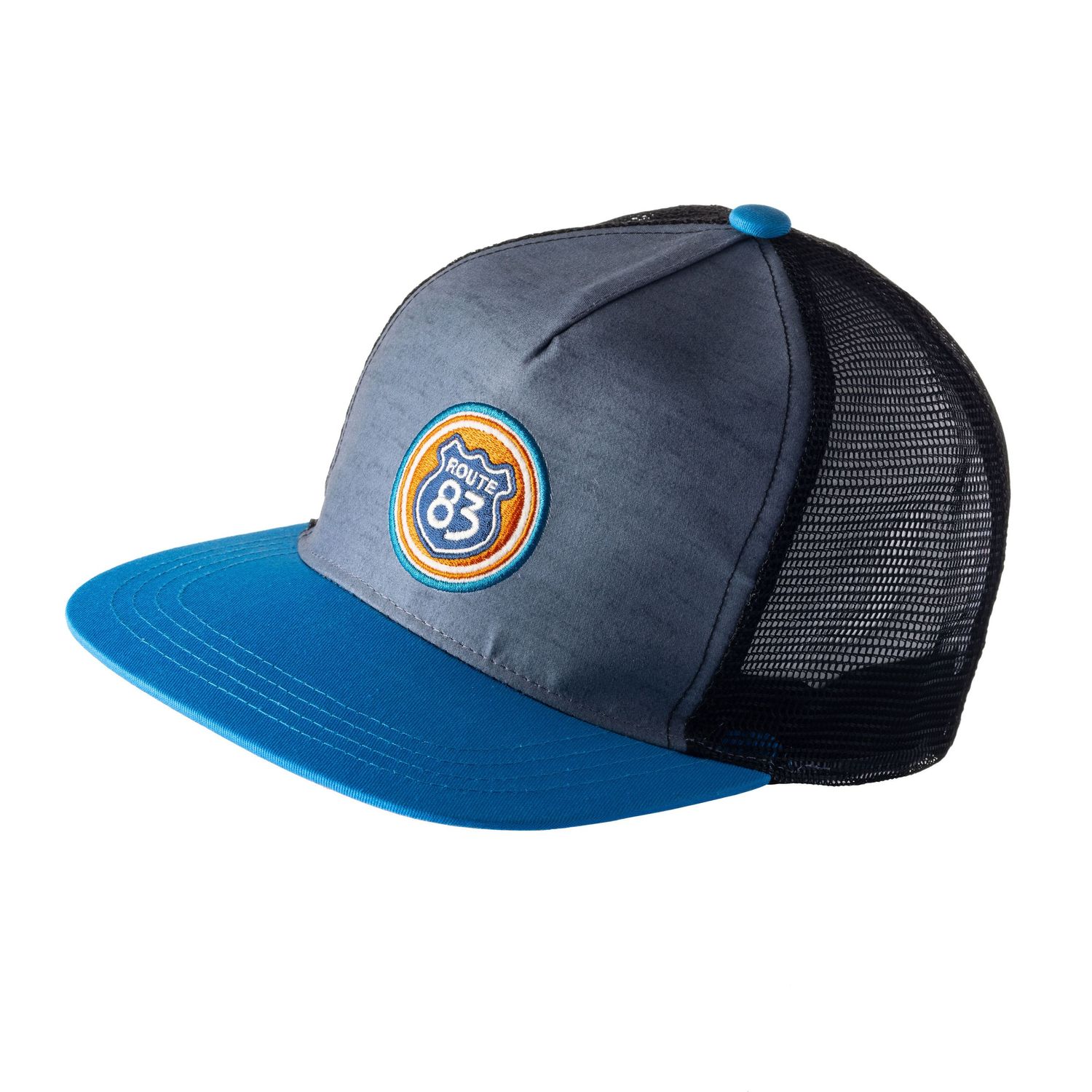 Blue trucker cap with round logo patch on a white background for Paultons Park, merchandise product photography