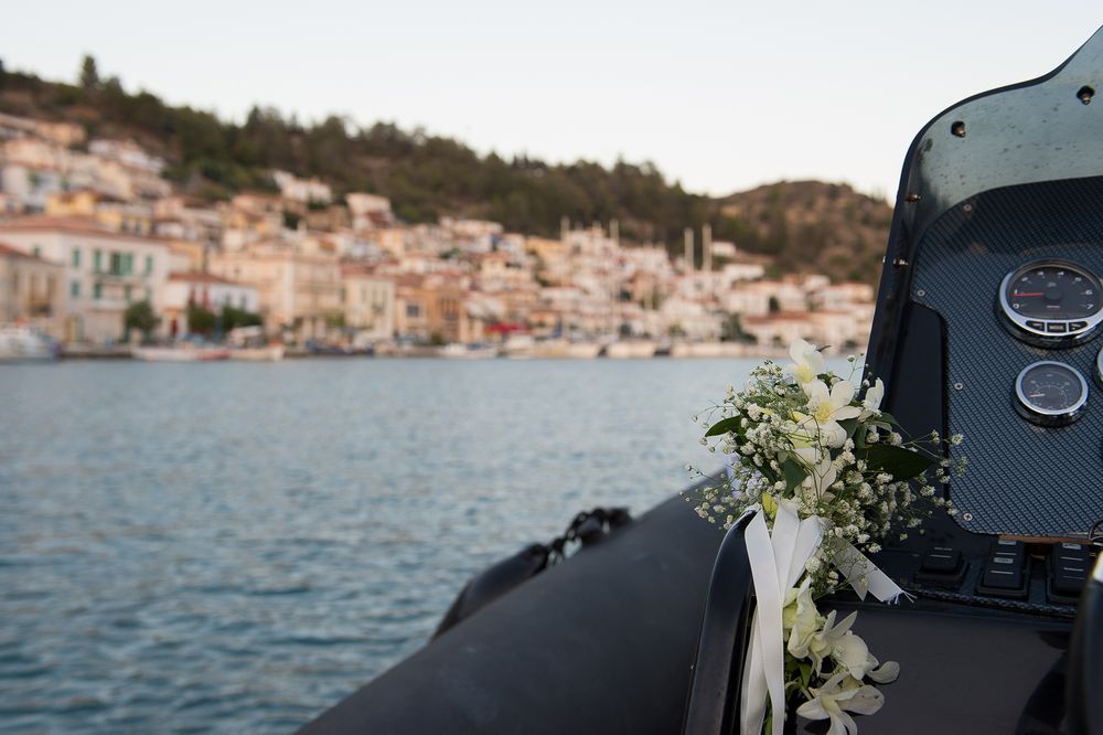 flower detail of boat with poros island in the background