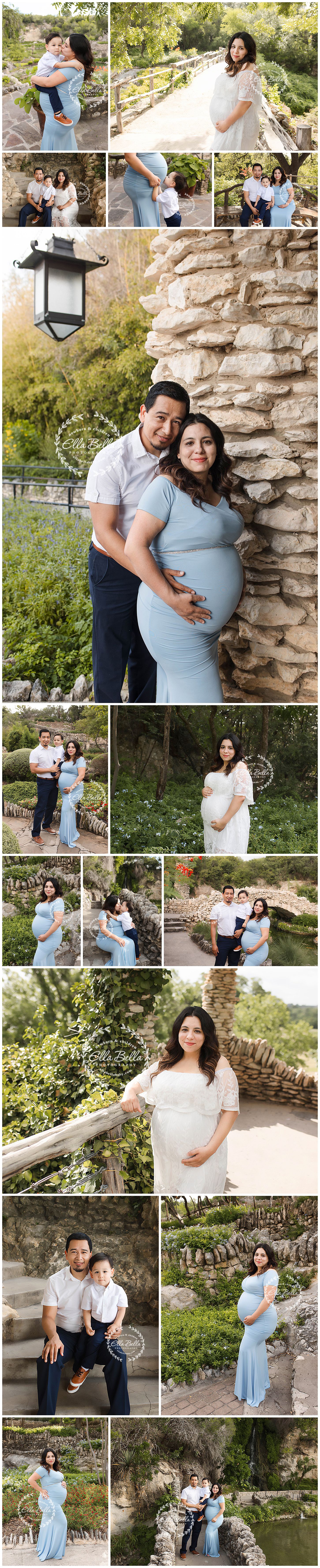 Maternity photo session at stone garden location in blue and white outfits.