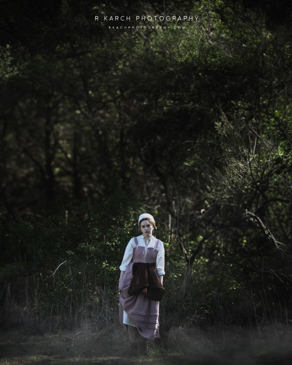 A misty forest scene features someone in period dress standing amid dark trees.