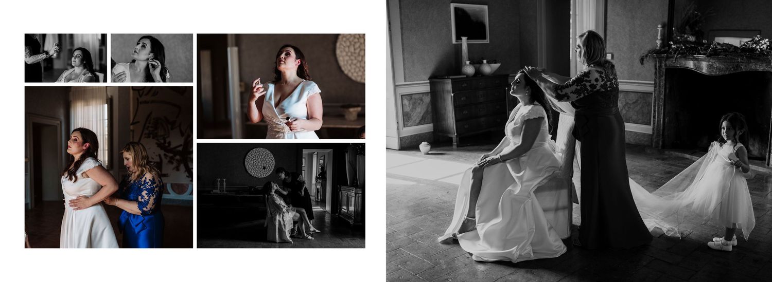 Bride getting ready with bridesmaids helping with dress and veil in elegant room, wedding preparation collage.