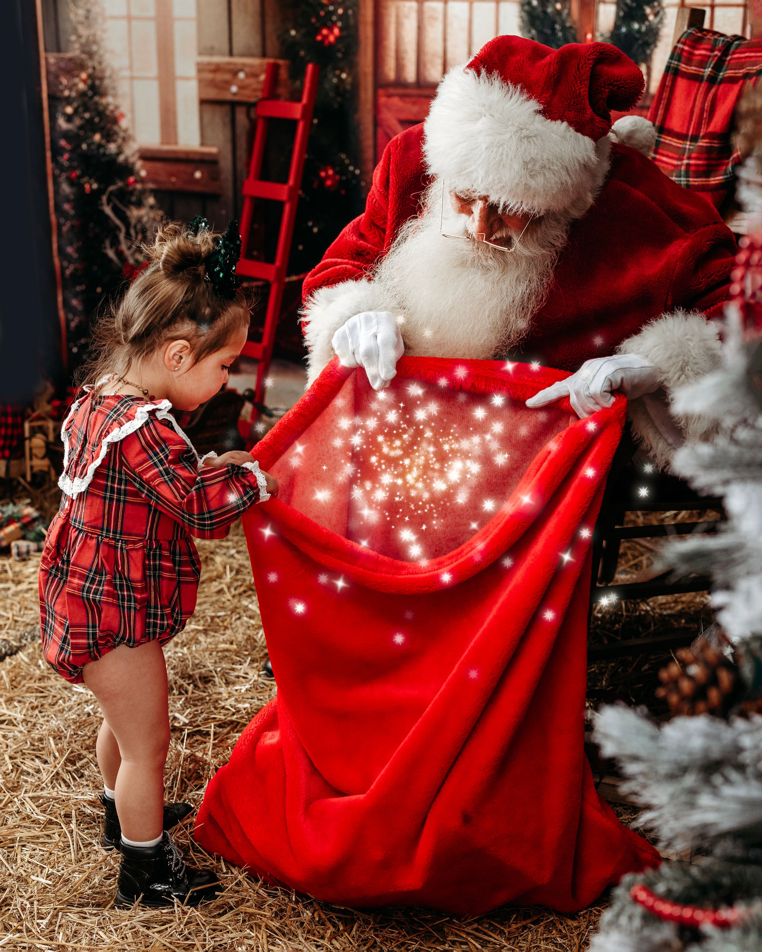 Magical Christmas scene with sparkly red gift bag and festive decorations. Santa photographer