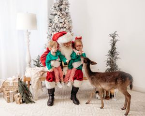 A heartwarming holiday scene with a reindeer and festive Christmas decorations in a bright white setting. Santa photographer
