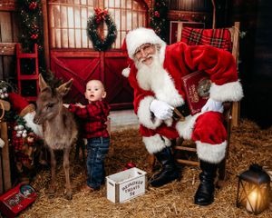 A rustic Christmas barn scene with a reindeer and vintage decorations. Santa photographer