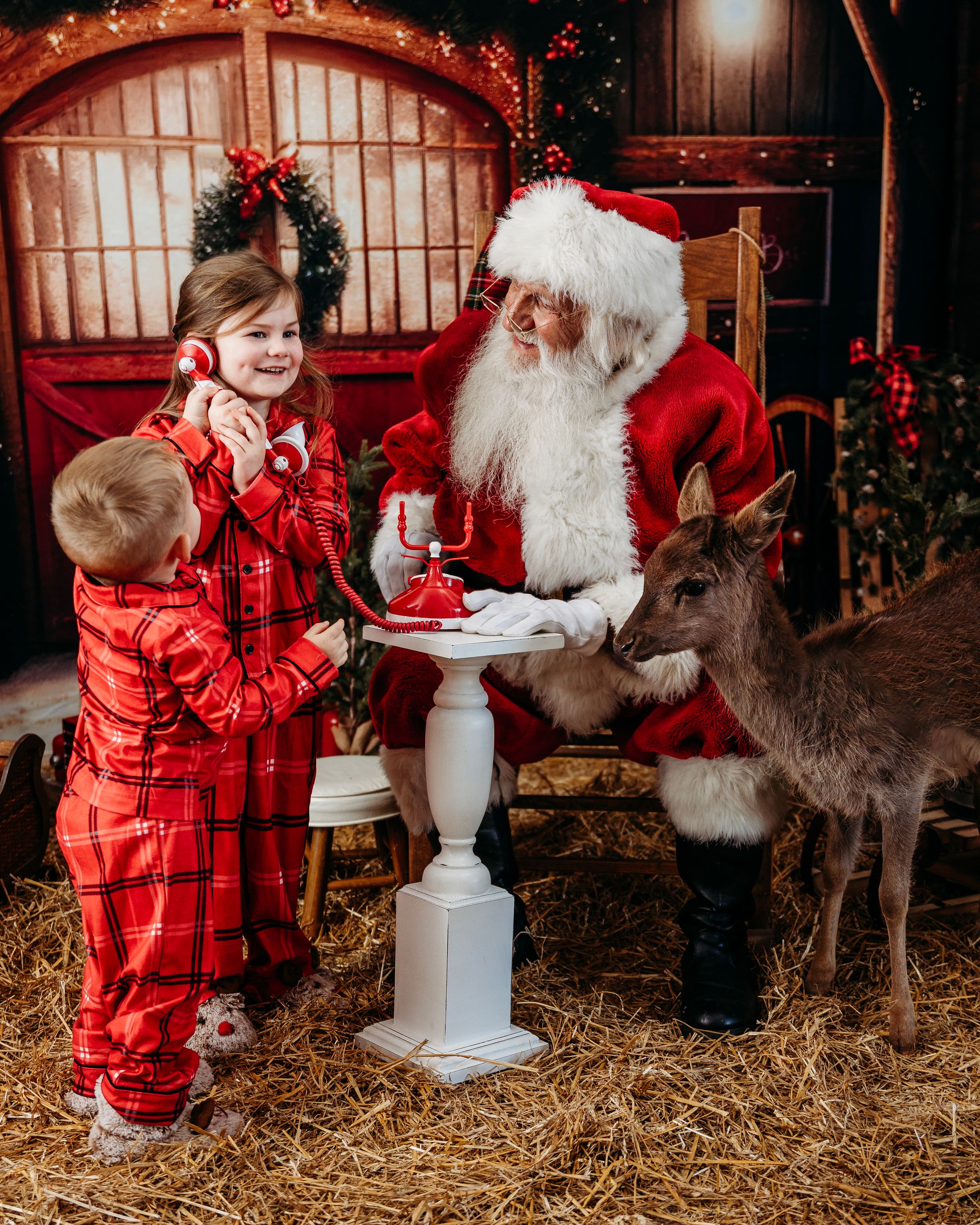 Festive holiday photos with red plaid outfits and rustic barn setting. Santa photographer