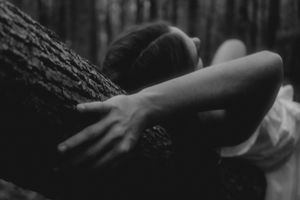 Artistic black and white photo of hand reaching toward tree trunk in moody lighting.