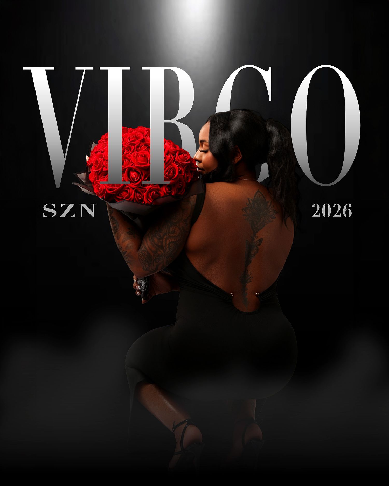 Woman in black backless outfit holding red roses bouquet, Virgo SZN 2026 zodiac celebration photo.