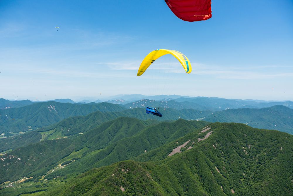 Red and yellow paragliders floating above rolling mountain ranges on a clear day.