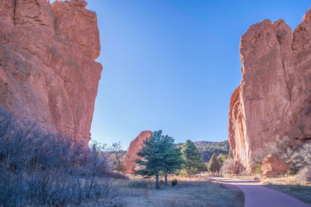 Majestic red sandstone towers frame winding path through Garden of the Gods park.