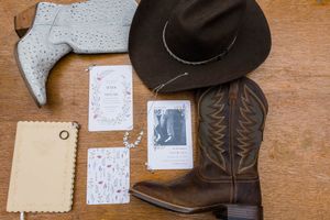 Rustic wedding flat lay with cowboy boots, hat, floral invitations, and a gold ring on a wooden surface.
