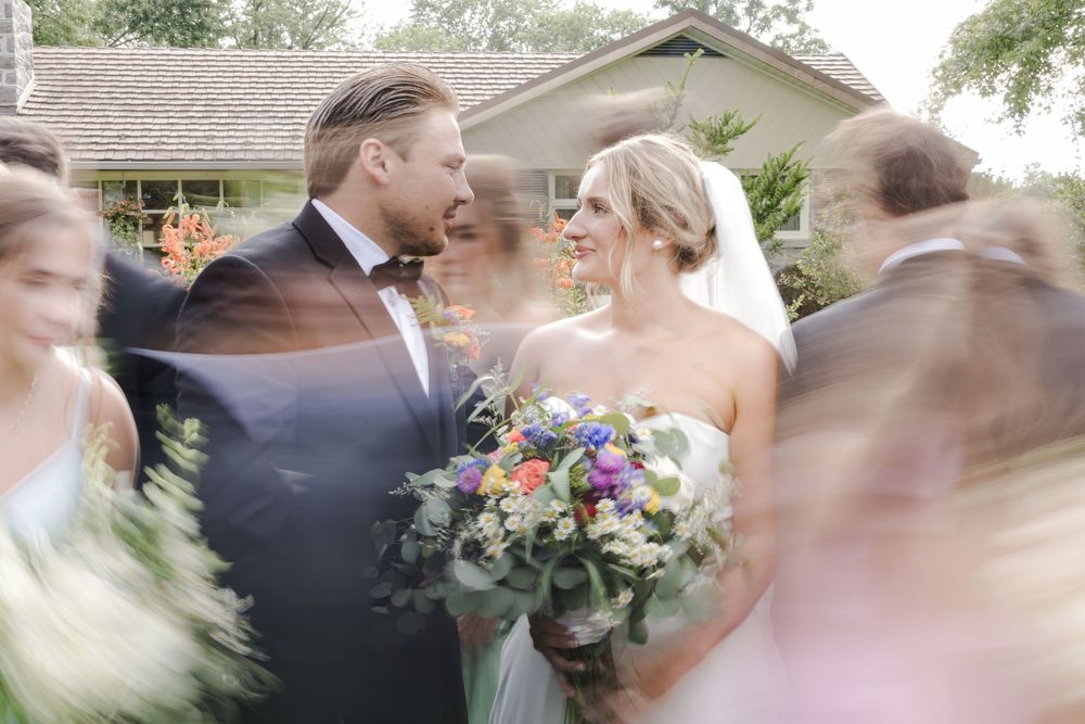 A wedding day photo collage showing romantic moments and stylish attire in an outdoor garden setting.