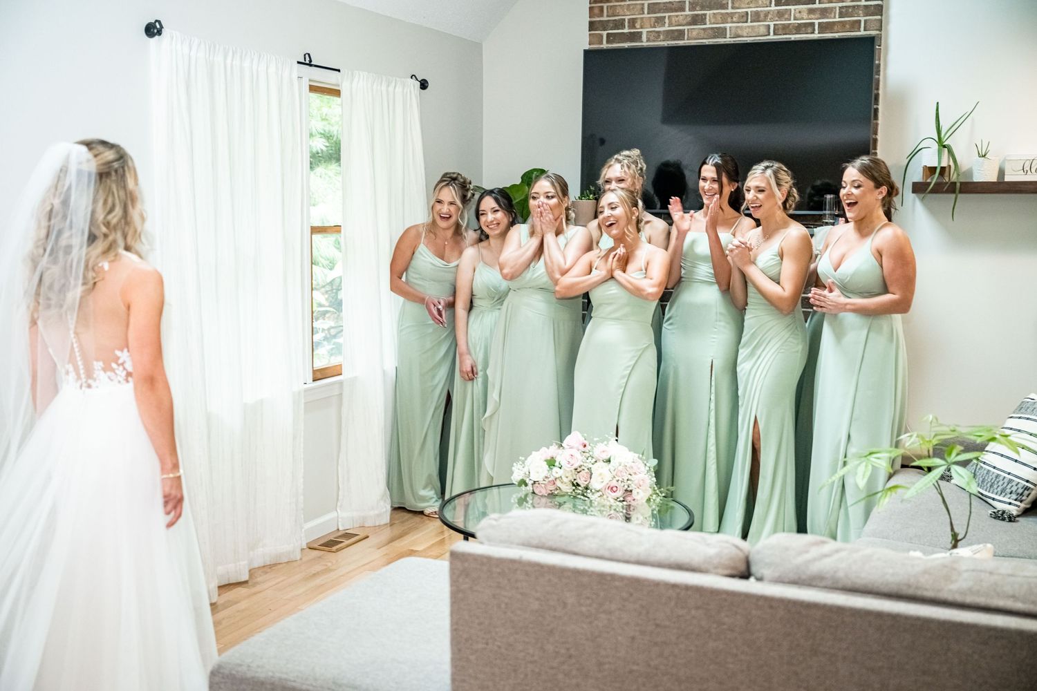 Bridesmaids in sage green dresses gather in a collage of wedding day moments.