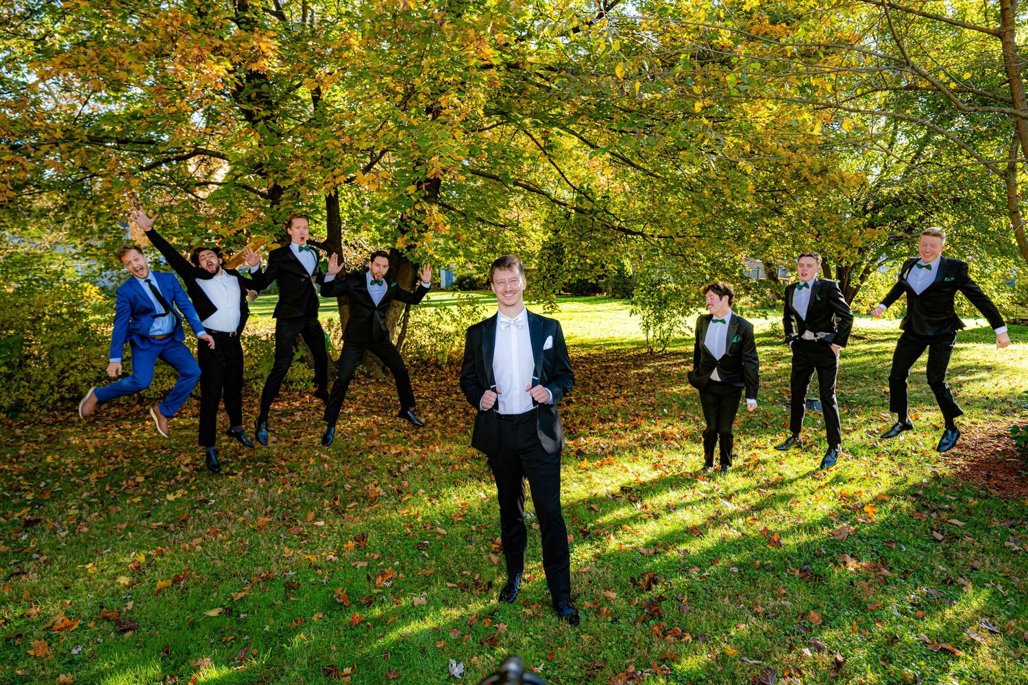 A wedding party poses playfully in formal attire against autumn trees with golden sunlight filtering through the leaves.