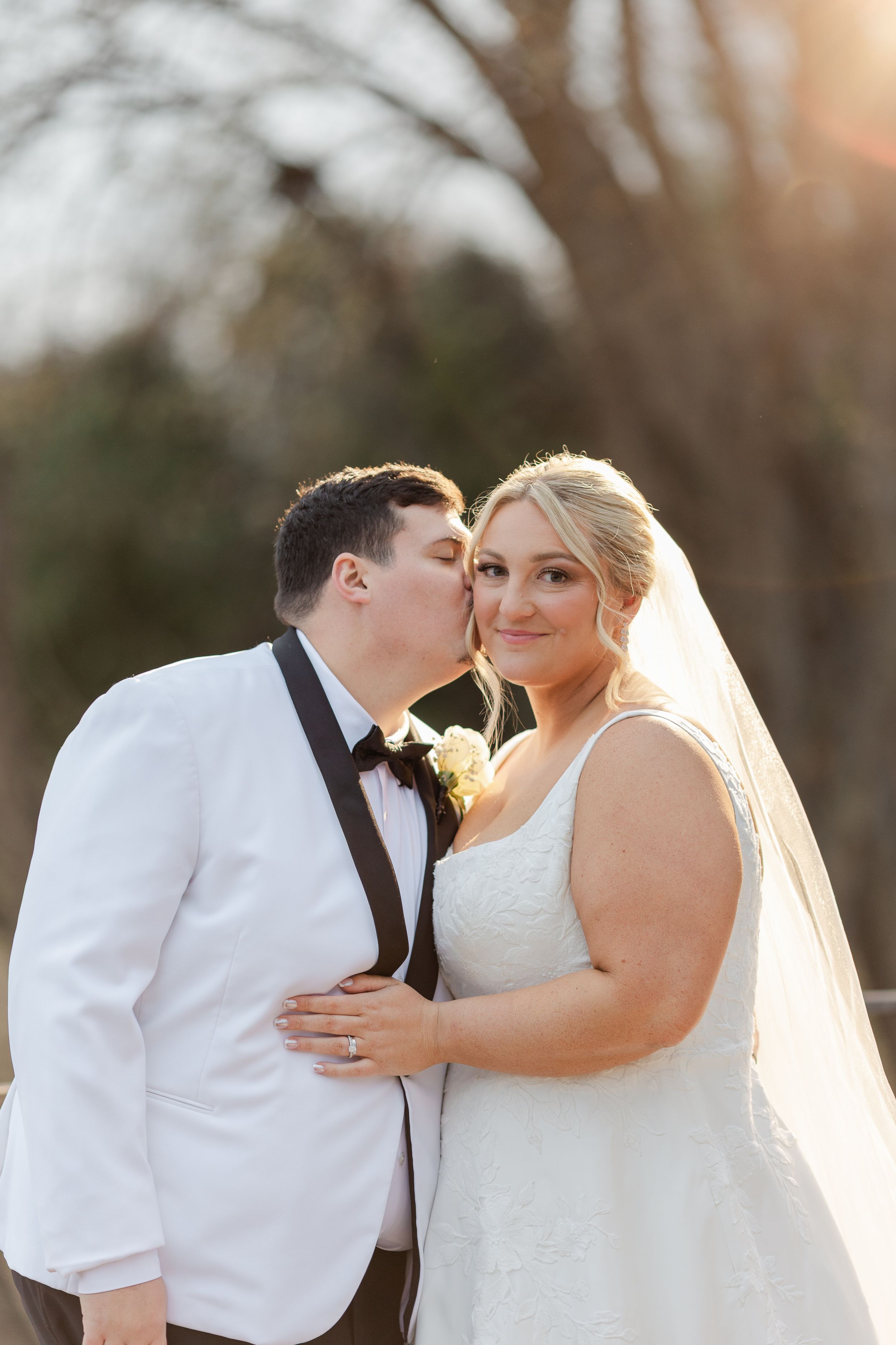 A romantic sequence of wedding photos showing a couple embracing during golden hour sunset in a natural outdoor setting.