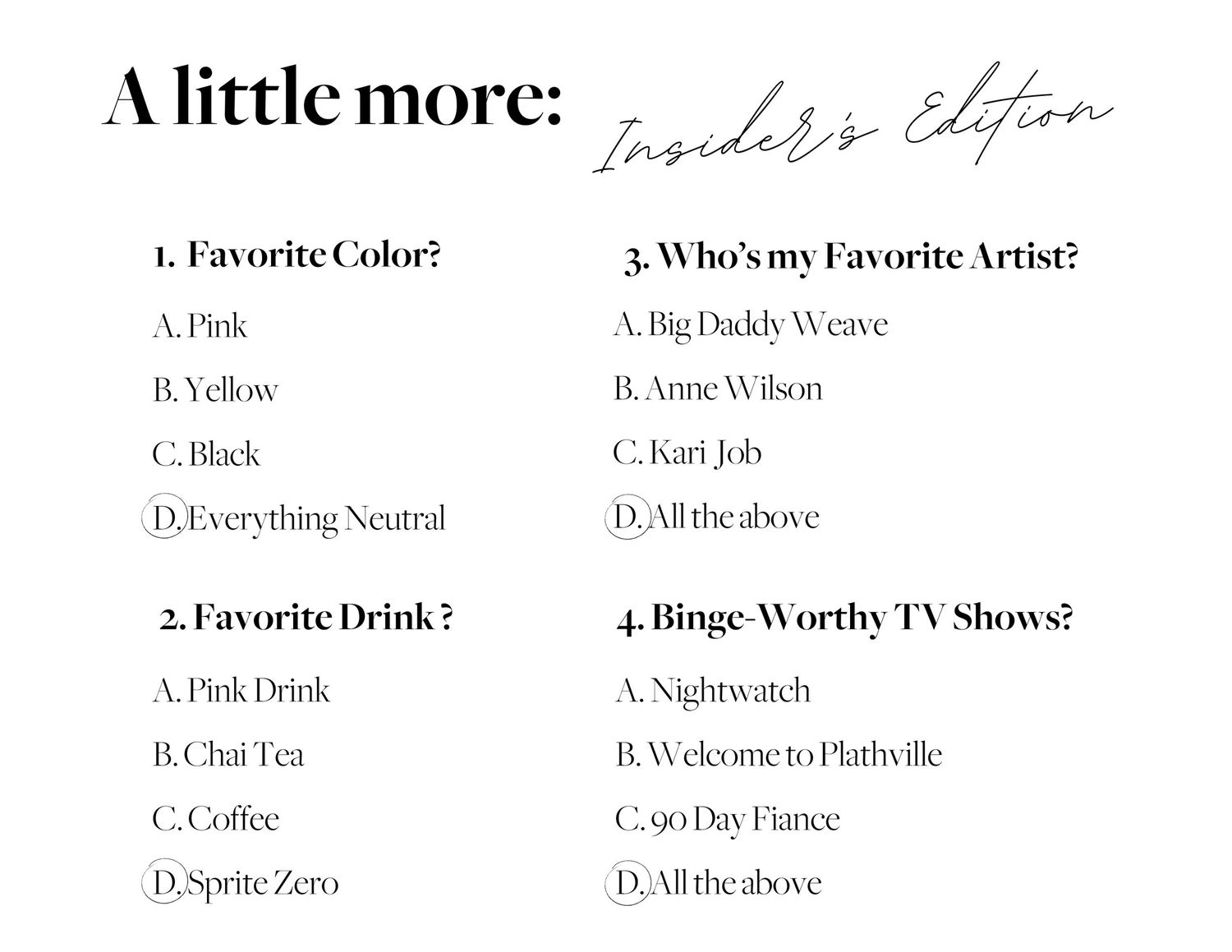 Elegant script text reading 'A Little More About Me' on white background.