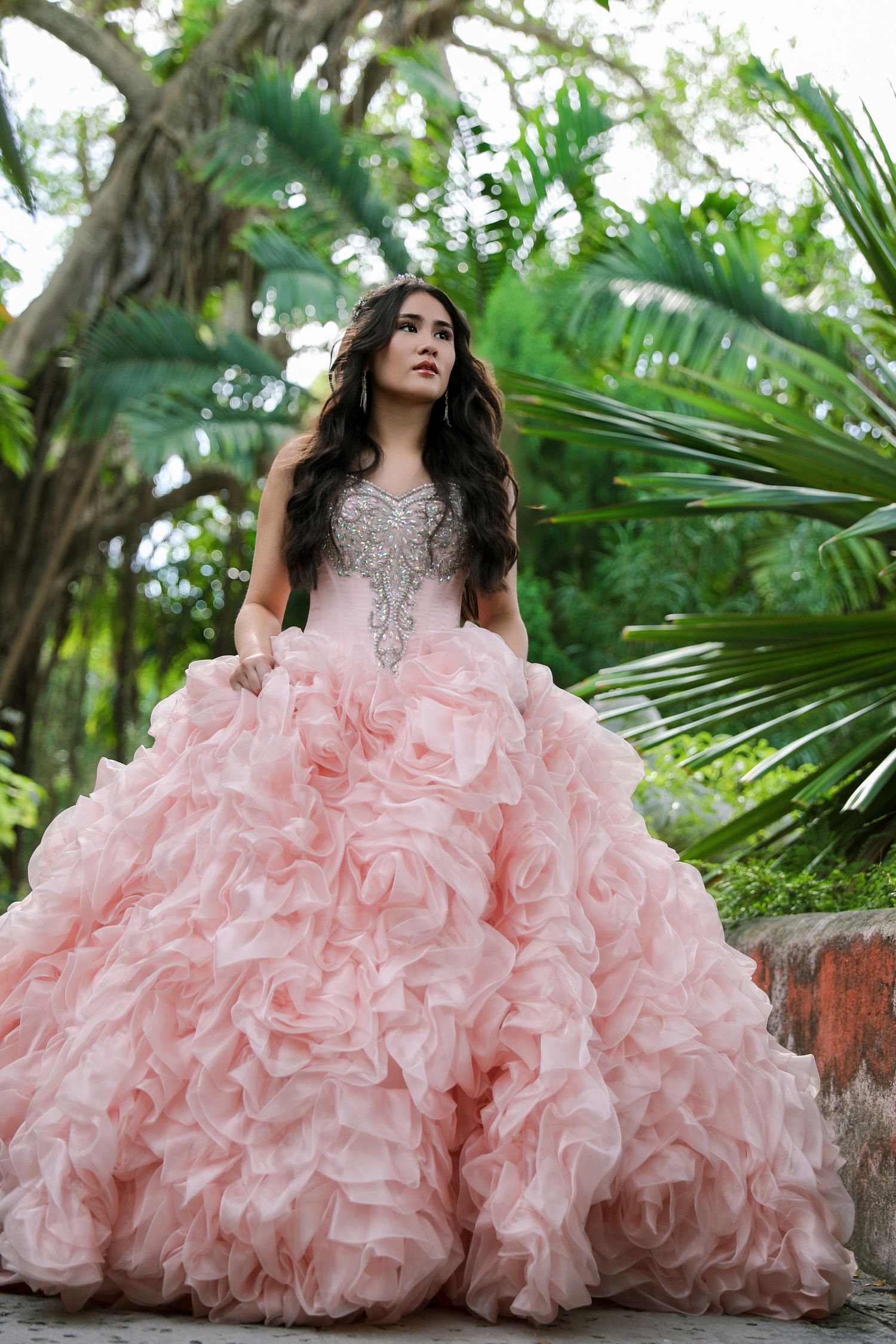 A dreamy photo of a pink ruffled ball gown with crystal bodice in a tropical garden setting.