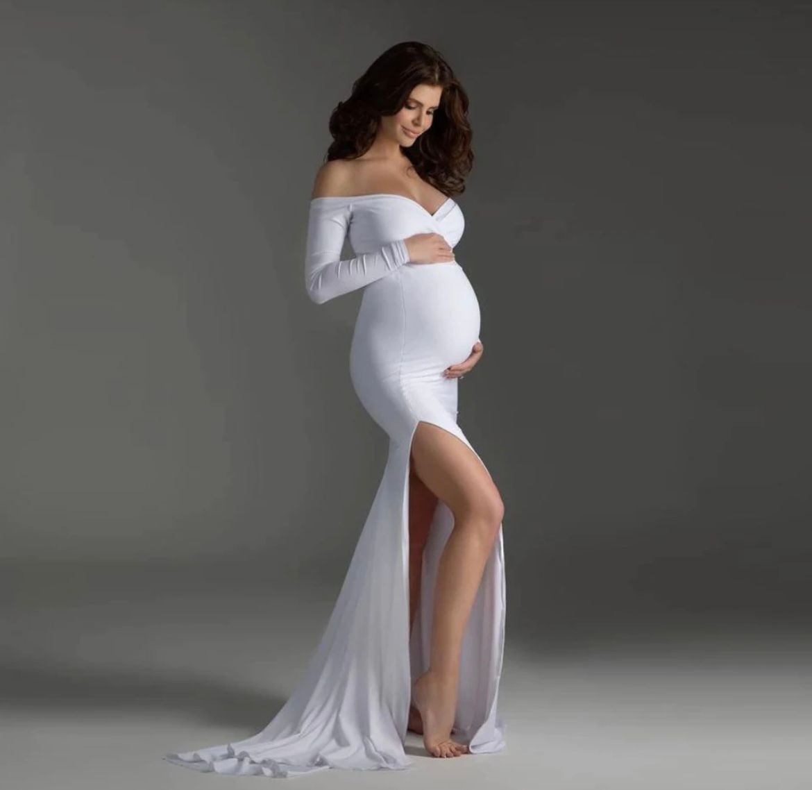 Series of maternity photos with woman in white off-shoulder gown against dark background.