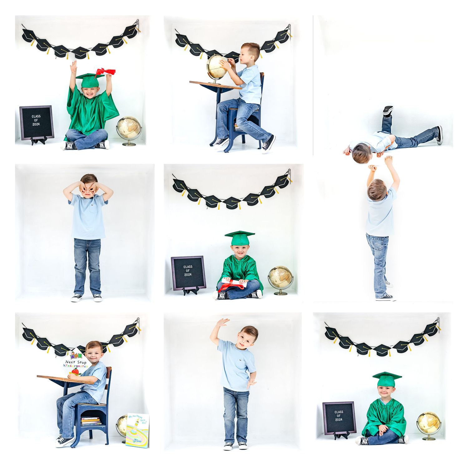 Graduation themed photo collage with black banner and globe props against white backdrop.