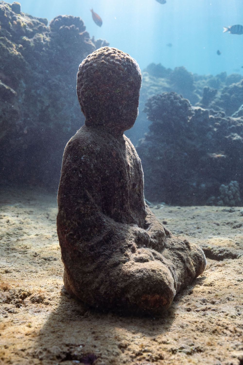 Underwater statue of Buddha sitting on ocean floor surrounded by coral reef.