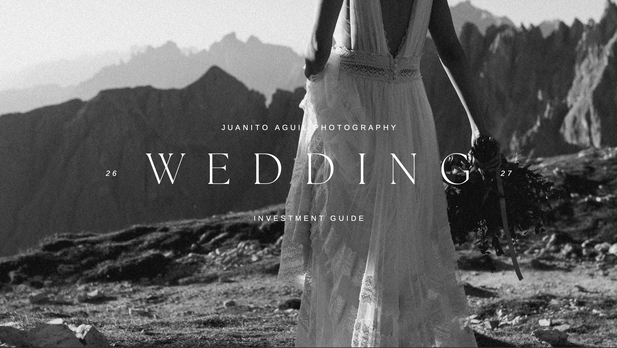 Juanito Aguil Photography wedding investment guide cover with bride in mountain landscape wearing flowing gown.