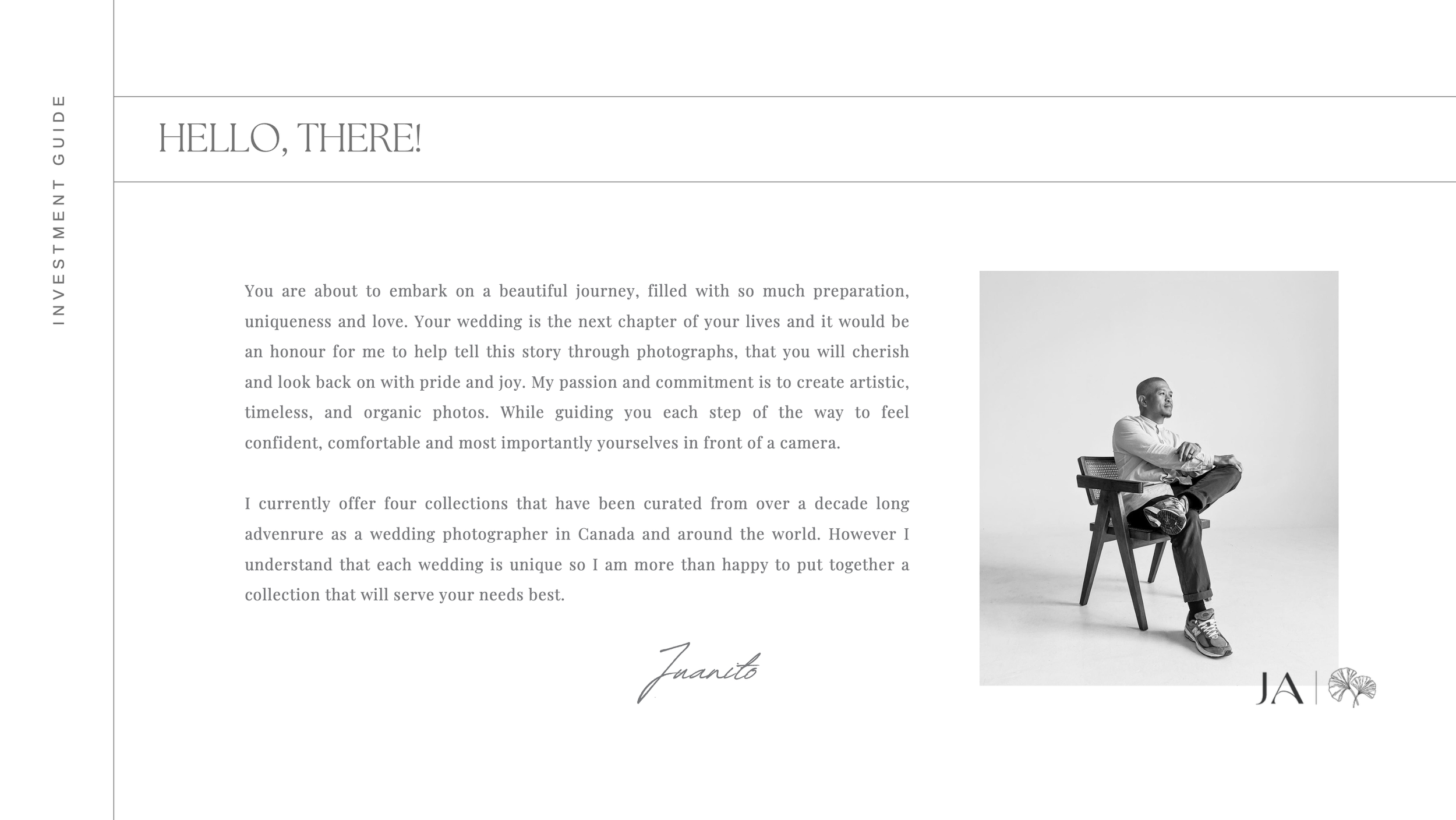 A wedding photographer sits casually in a chair beside a professional portfolio guide with elegant typography on white background.