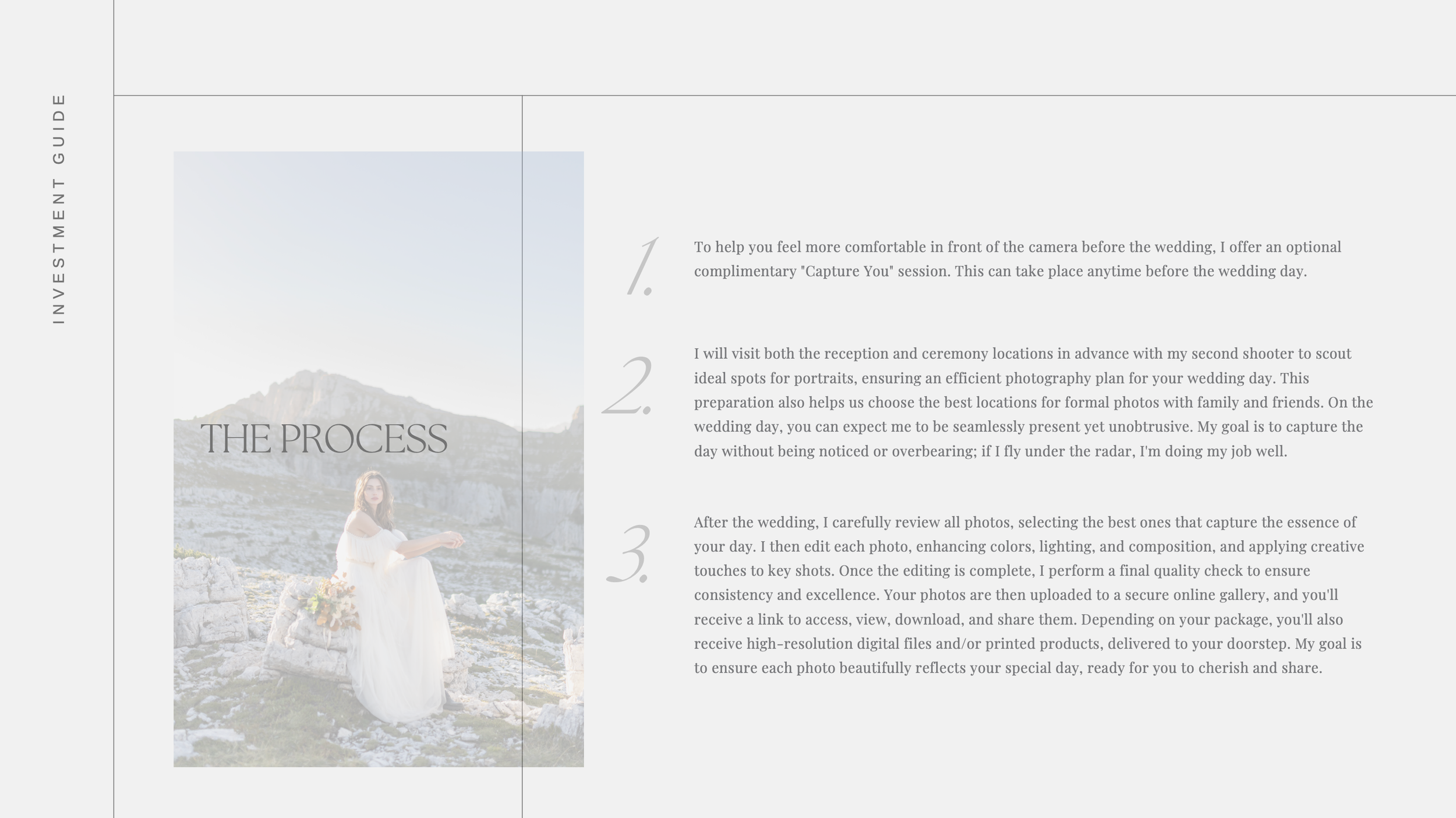 Elegant wedding photography process guide featuring a bride in a flowing white gown on a rocky coastal landscape.
