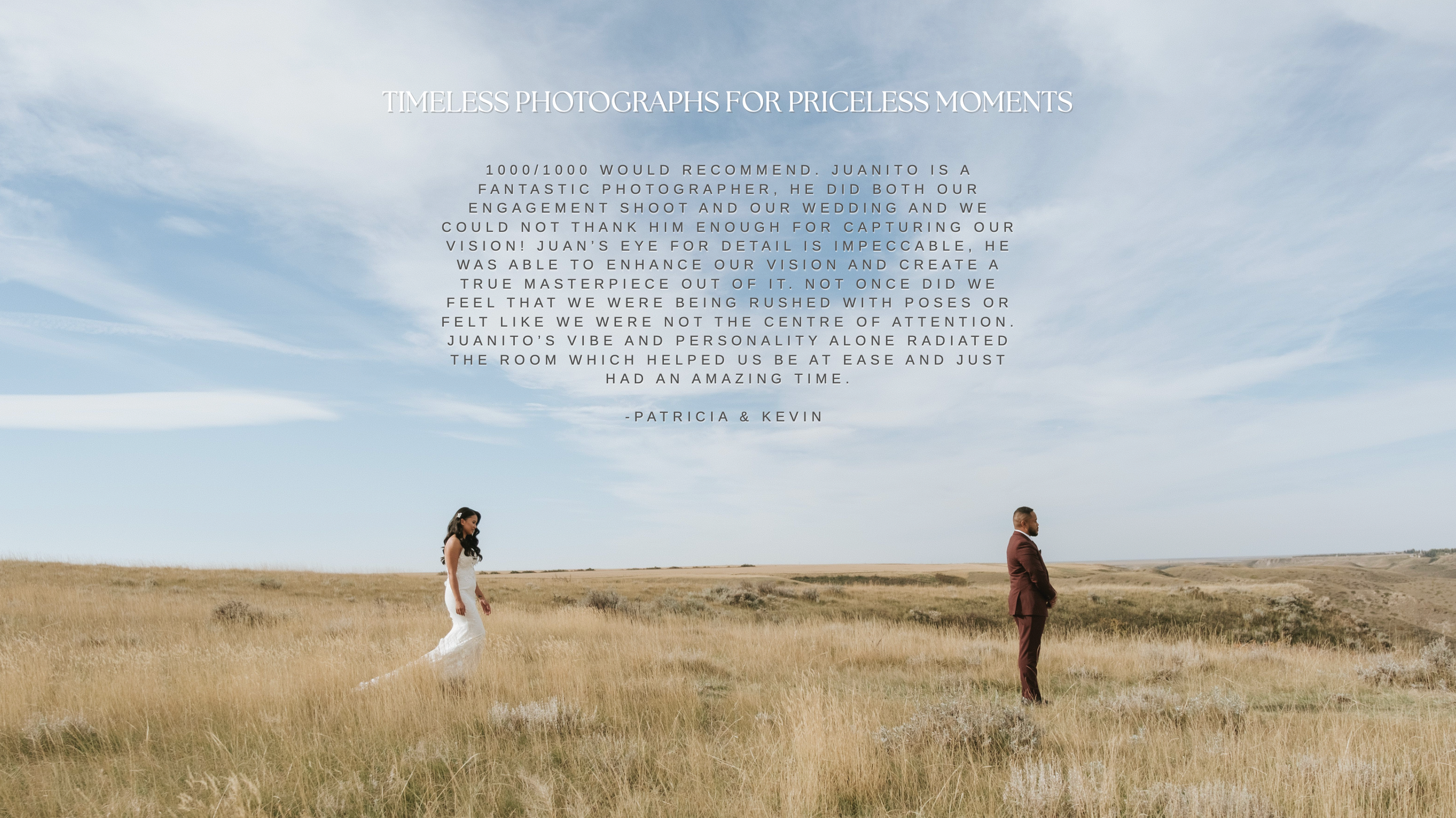 Bride and groom standing apart in golden wheat field under dramatic cloudy sky with romantic quote overlay.
