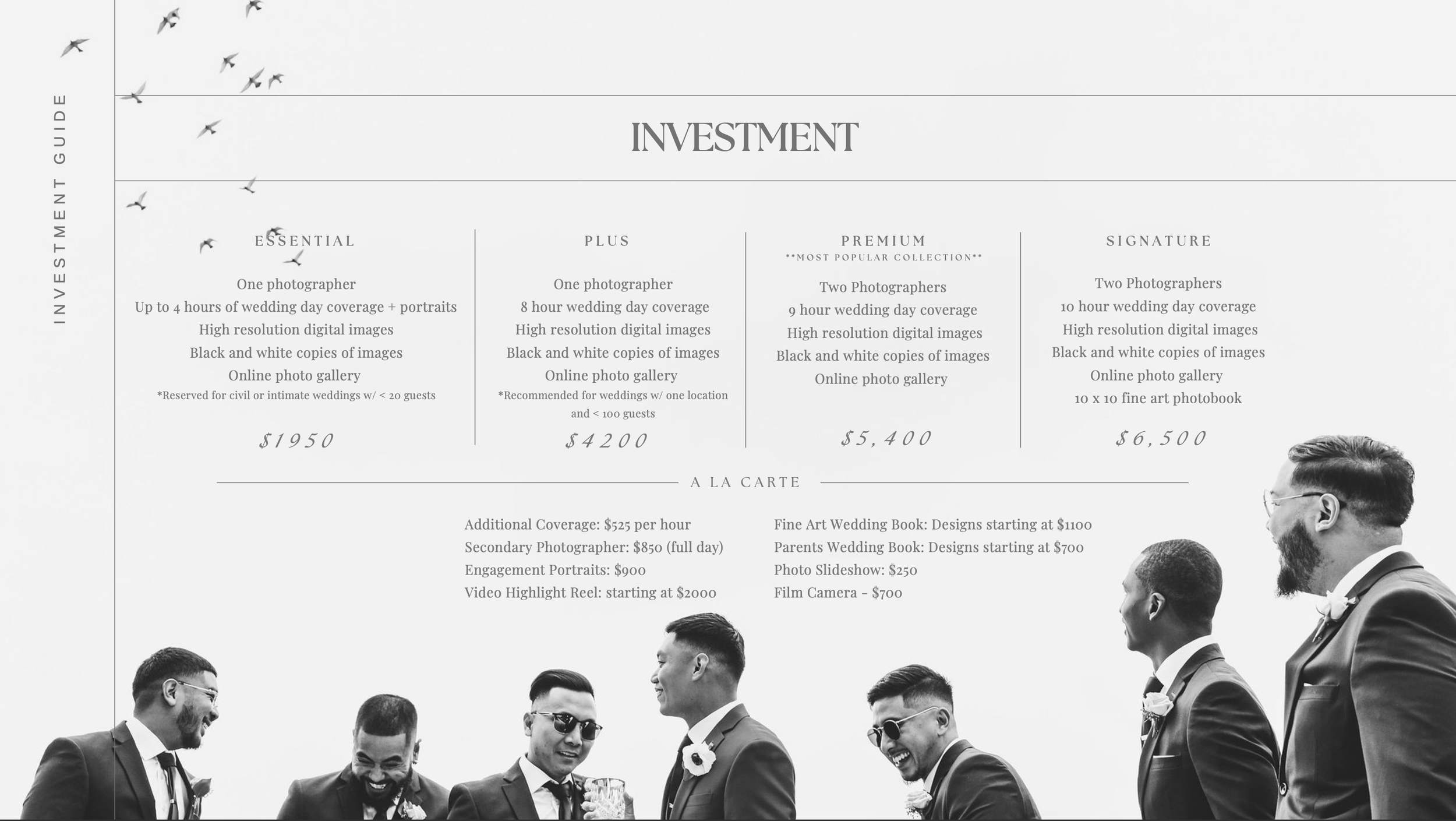 Wedding photography investment pricing guide showing four suited groomsmen posing outdoors with package tiers displayed.