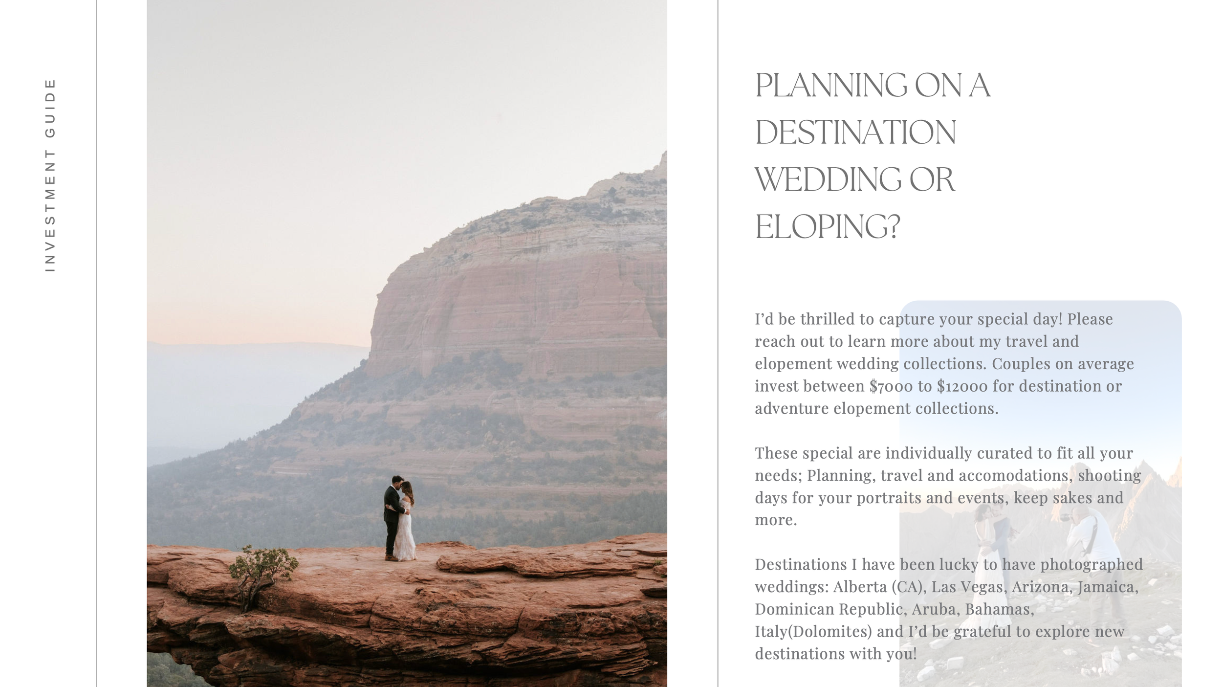 Destination wedding planning guide page with couple posing on red rock cliffs and descriptive text overlay.