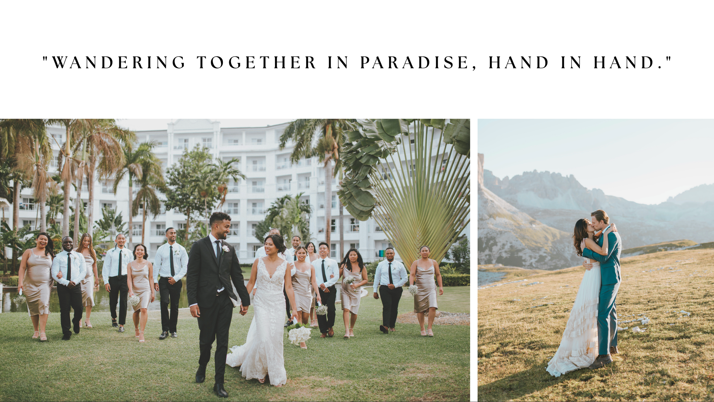 Bride and groom walk with wedding party near tropical resort, couple embraces on scenic hillside.