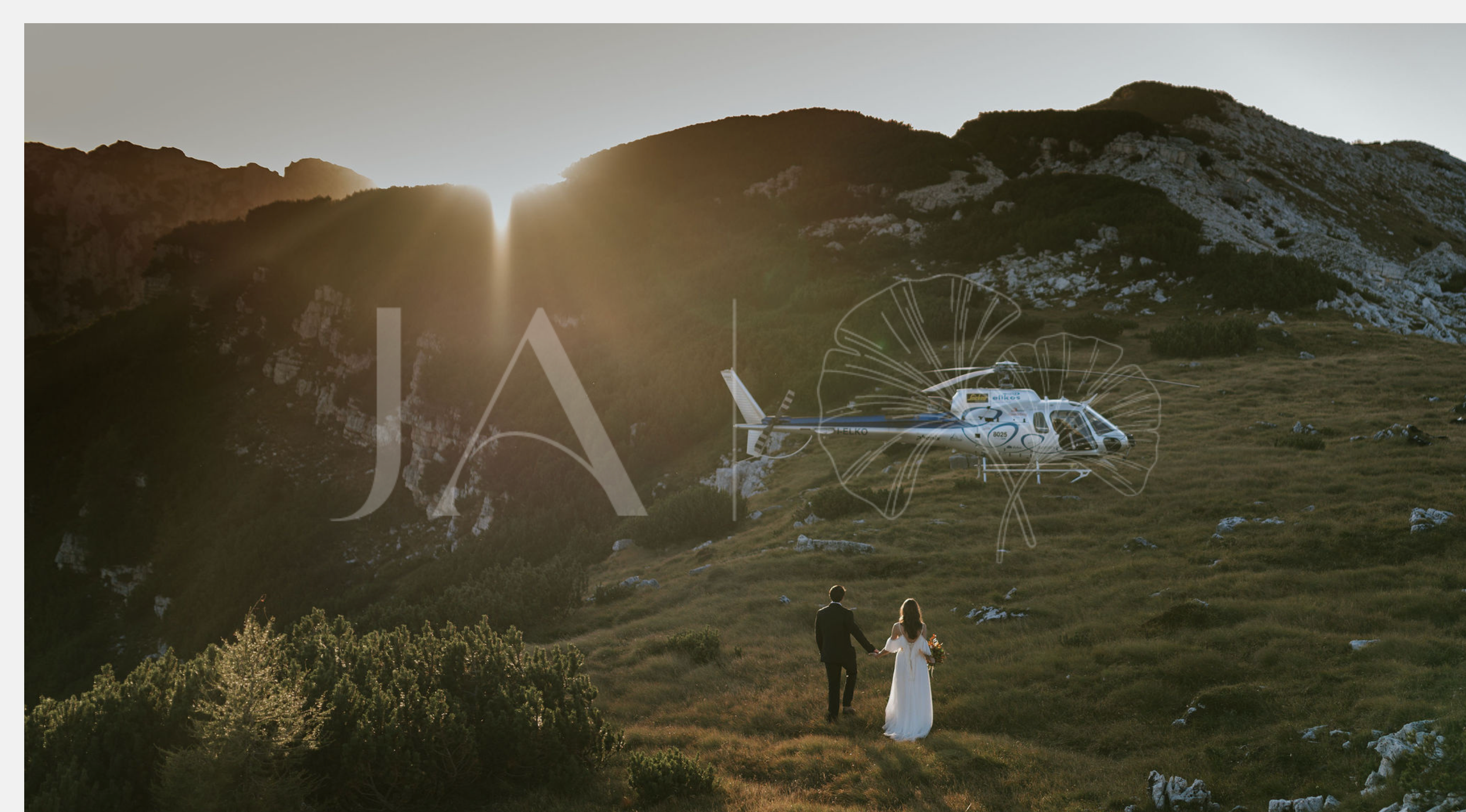 Couple walks toward helicopter at golden sunset in mountain landscape for a luxury elopement wedding.