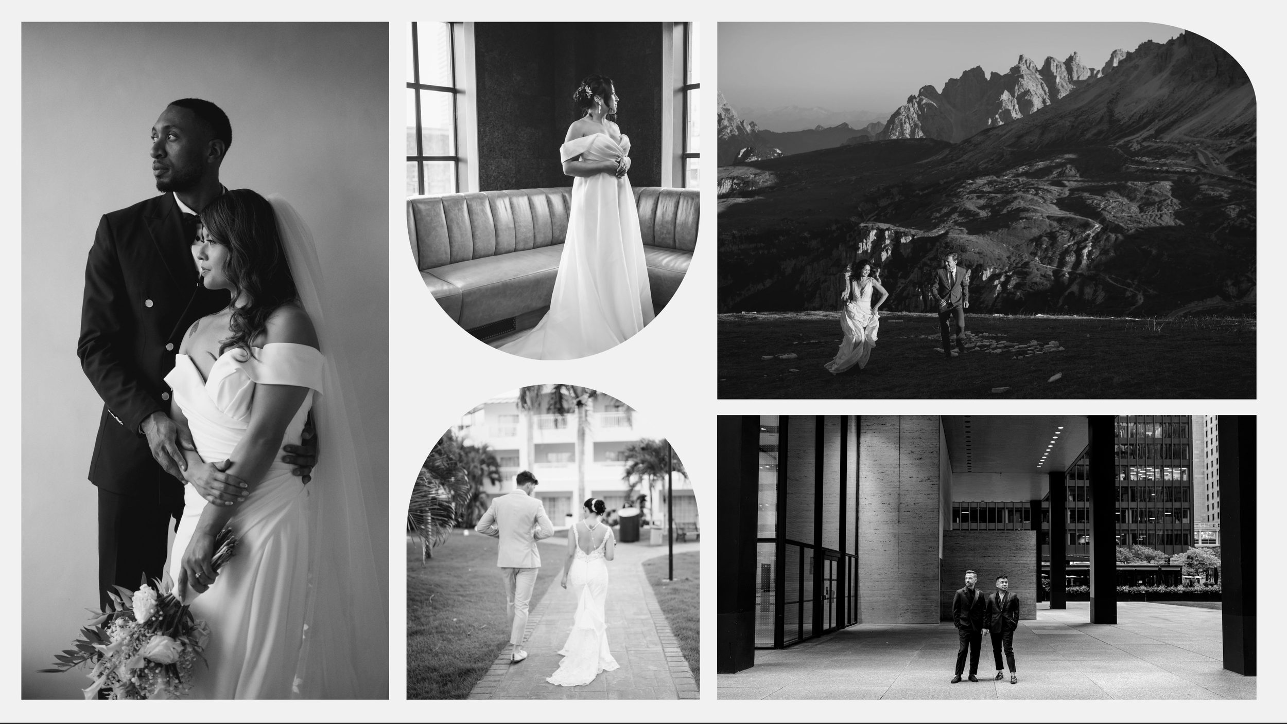 Black and white wedding photography collage featuring couples at various scenic indoor and outdoor locations.